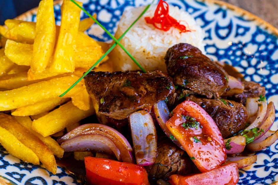 Lomo saltado plated with fries and rice