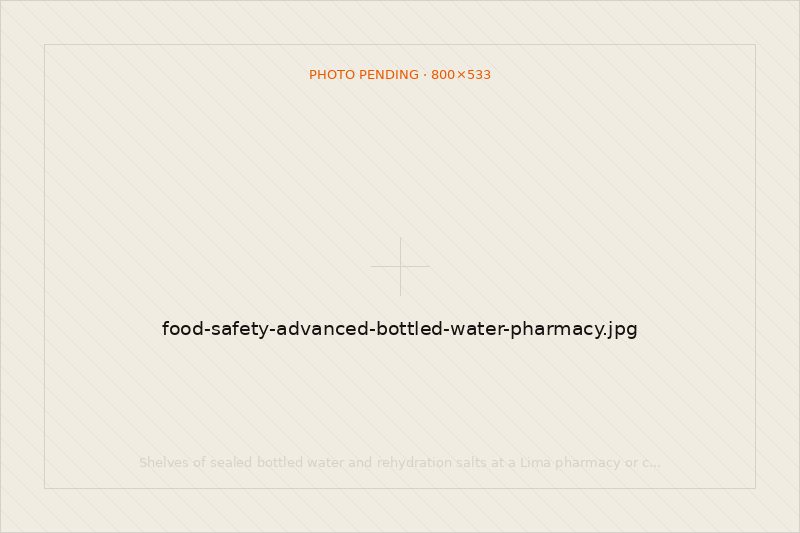 Shelves of sealed bottled water and rehydration salts at a Lima pharmacy or convenience store