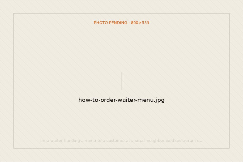 Lima waiter handing a menu to a customer at a small neighborhood restaurant during lunch service
